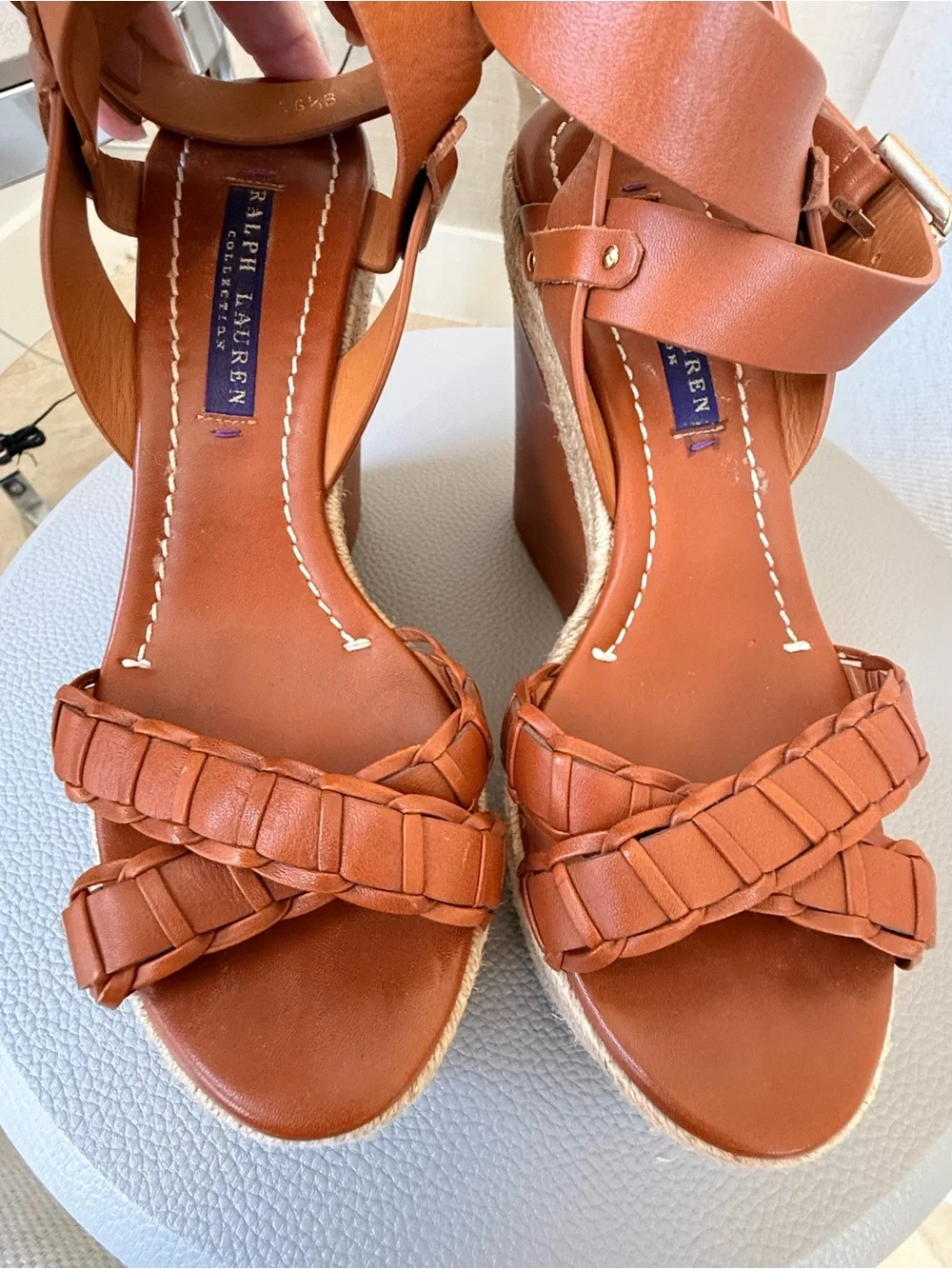 Ralph Lauren Purple Label Tan Braided Leather Platform Sandals